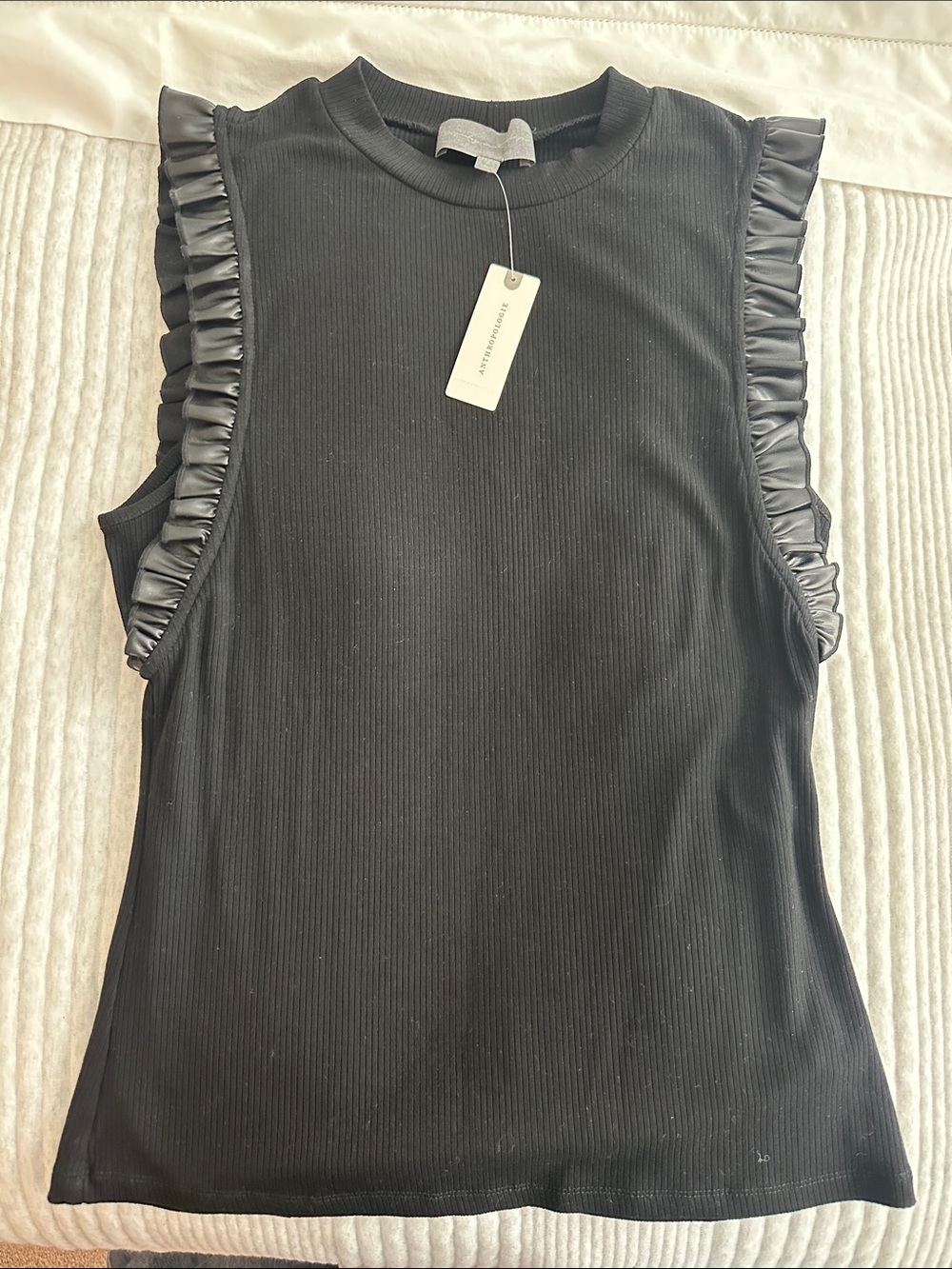 Anthropologie Black Ribbed Tank with Ruffle Trim